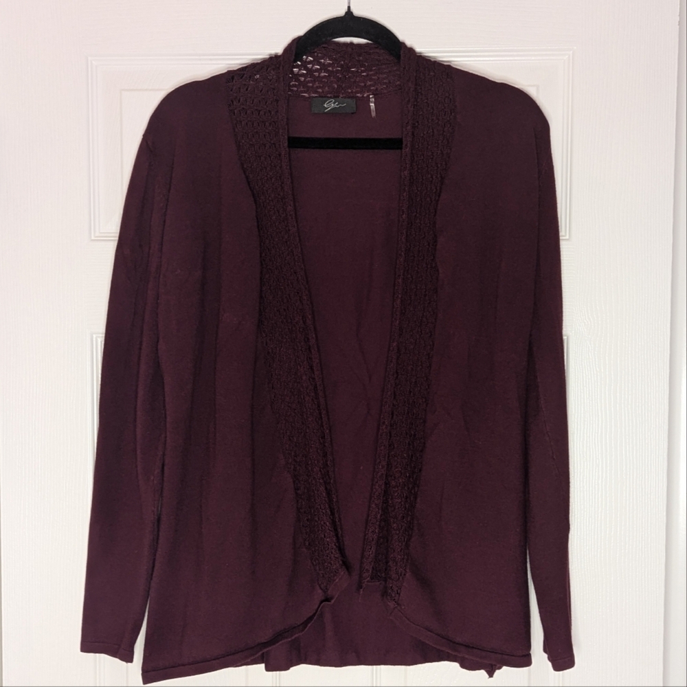 Lyn Wine Cardigan Sweater- Women's Size Medium Open Front Knit Crochet